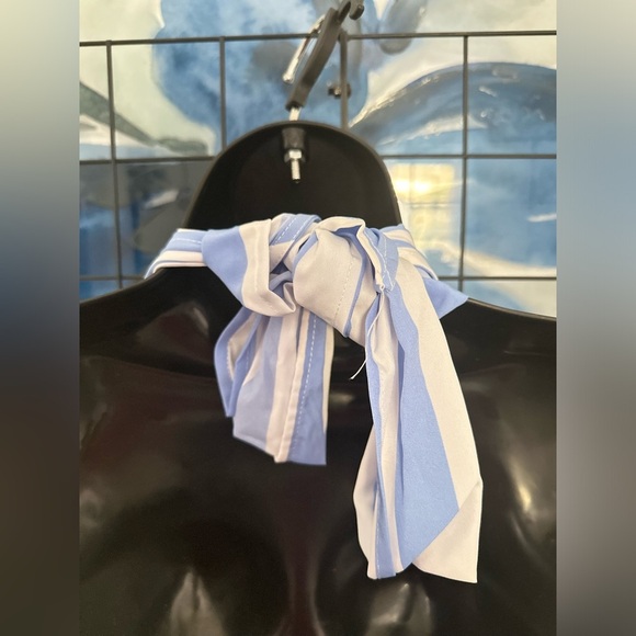 Light Blue Open Back Halter Tie Neck Zipper Closure Striped Detail Maxi Dress - Picture 14 of 17